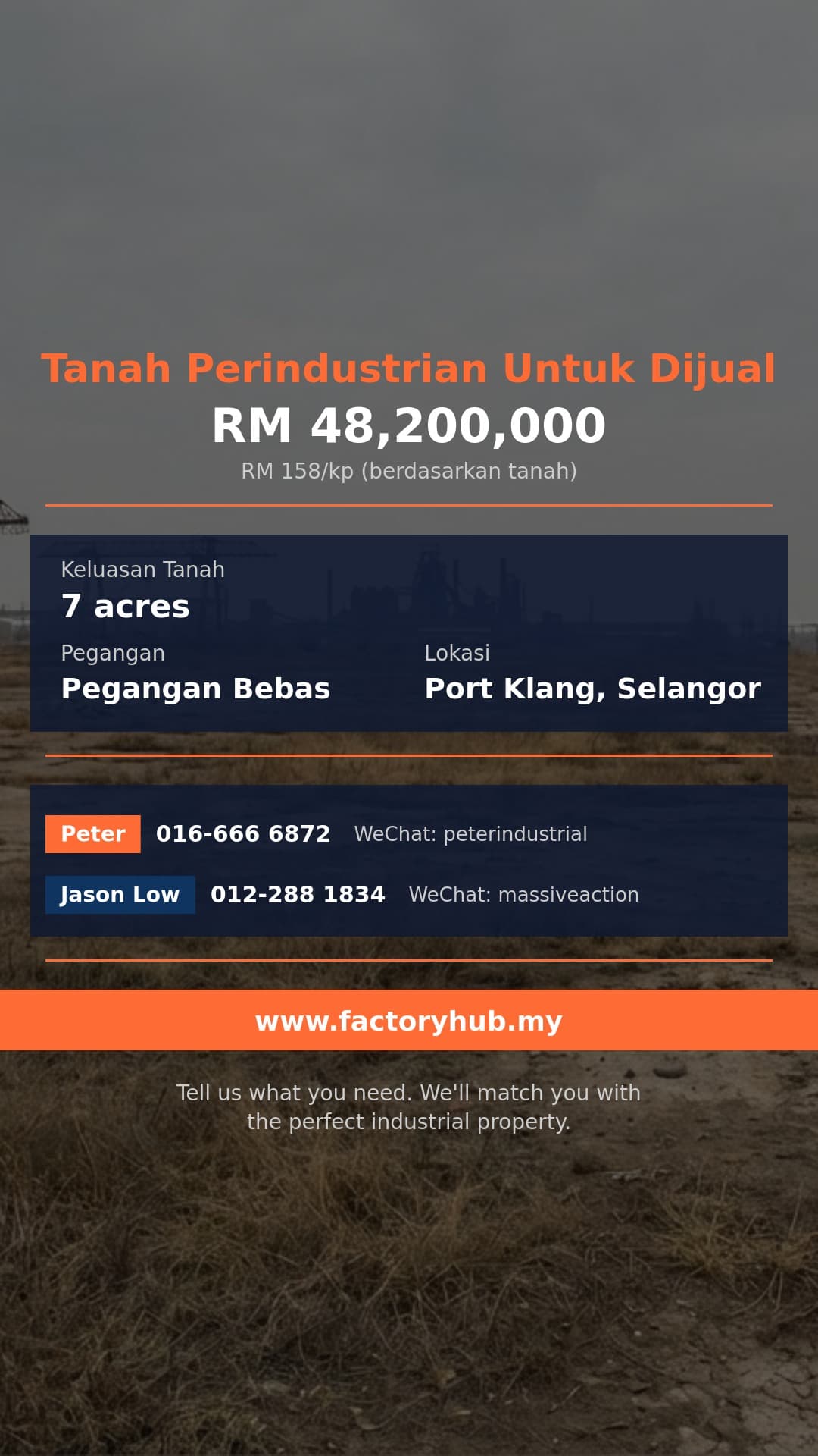 Tanah Untuk Dijual - Tanah Perindustrian 7 Ekar Freehold untuk Dijual di Kapar Bestari - Port Klang, Selangor