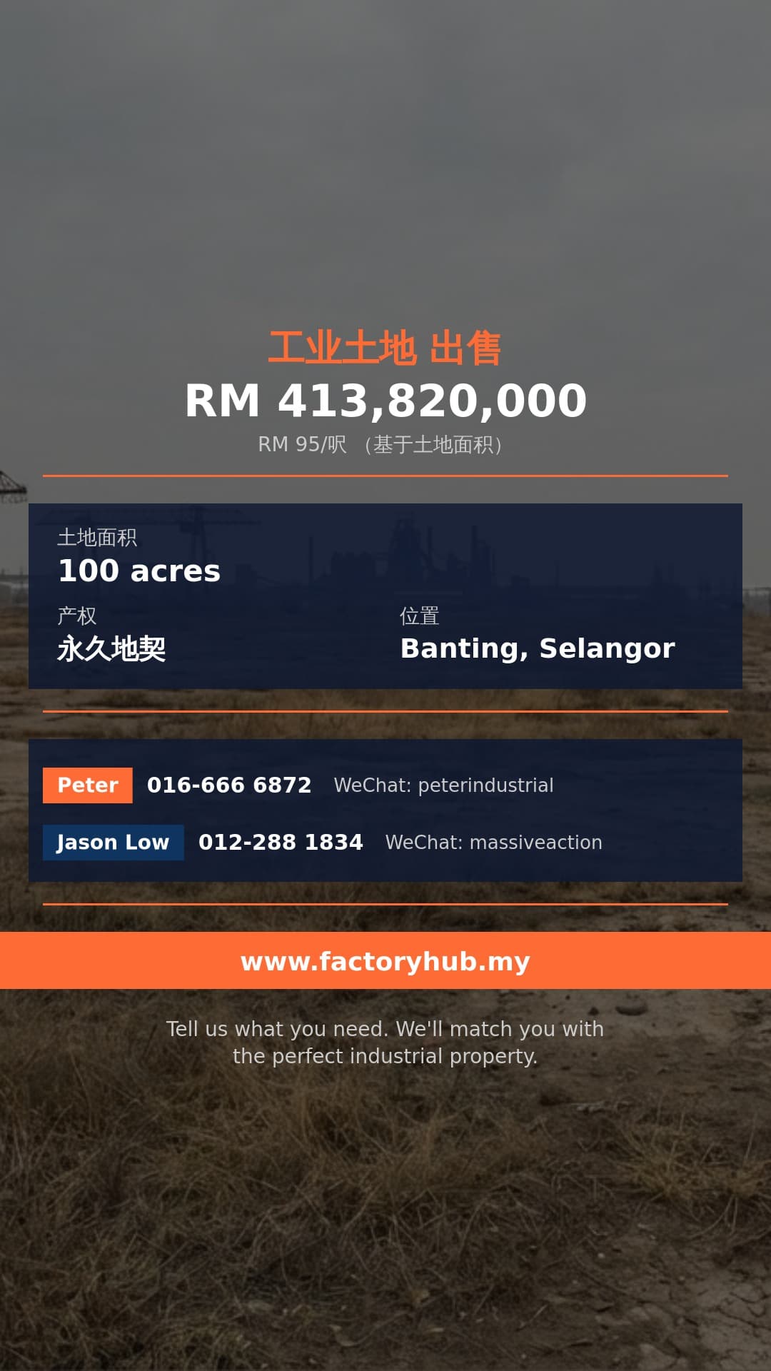土地 出售 - 雪兰莪Banting永久地契工业地出售 – RM41382万 100英亩 - Banting, Selangor