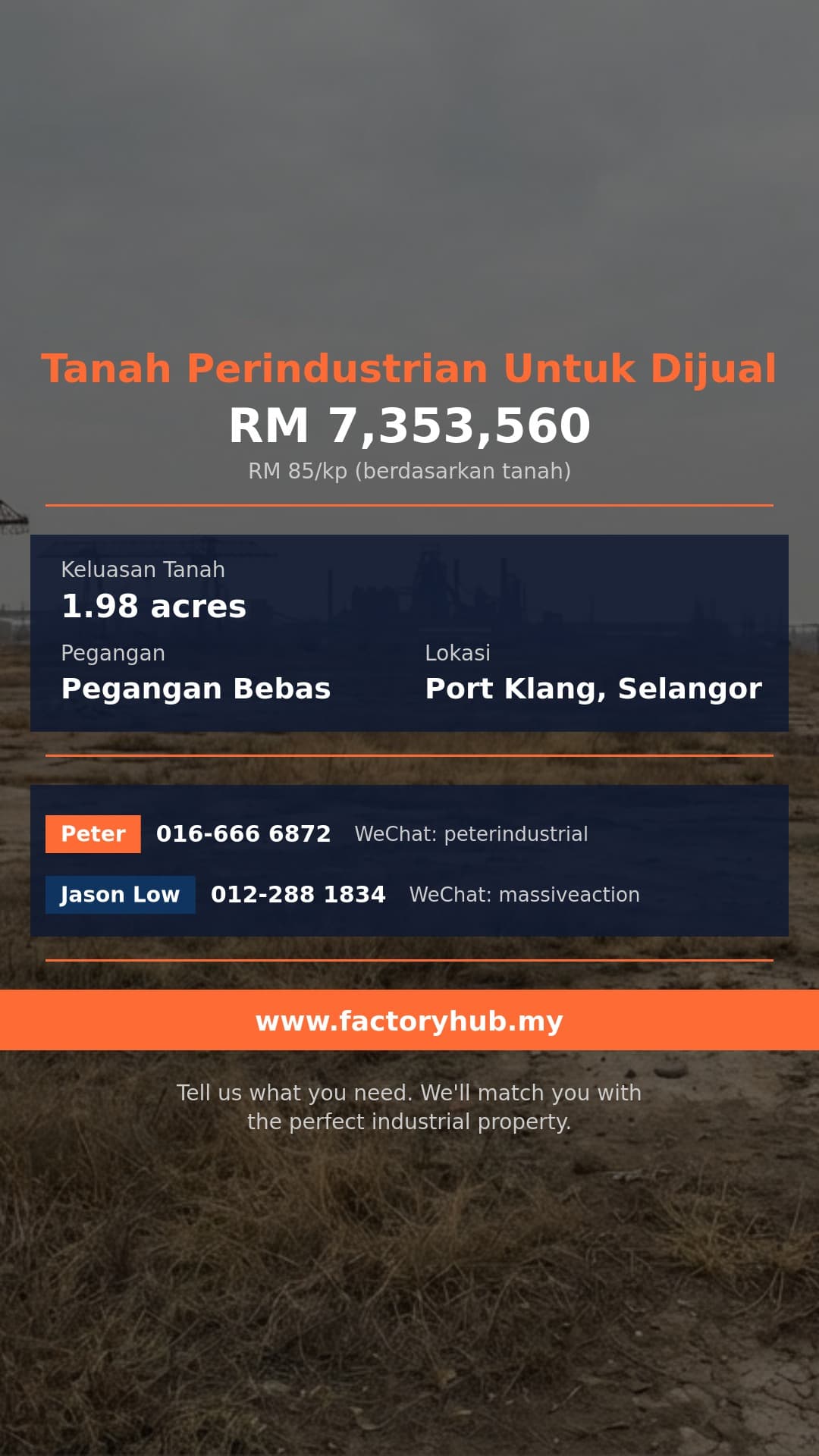 Tanah Untuk Dijual - Tanah Perindustrian 1.98 Ekar Hak Milik Kekal untuk Dijual di Jenjarom, Klang - Port Klang, Selangor