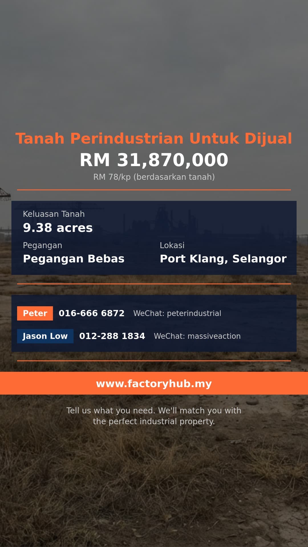 Tanah Untuk Dijual - Tanah Perindustrian 9.38 Ekar untuk Dijual di Aman Perdana, Kapar - Port Klang, Selangor