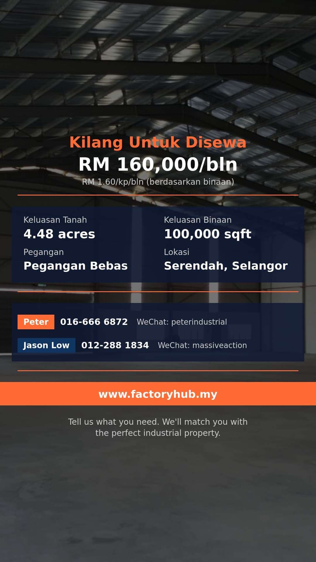 Kilang Untuk Disewa - RM160K/bln Kilang Bebas untuk Disewa di Sungai Choh – 100000kp - Serendah, Selangor