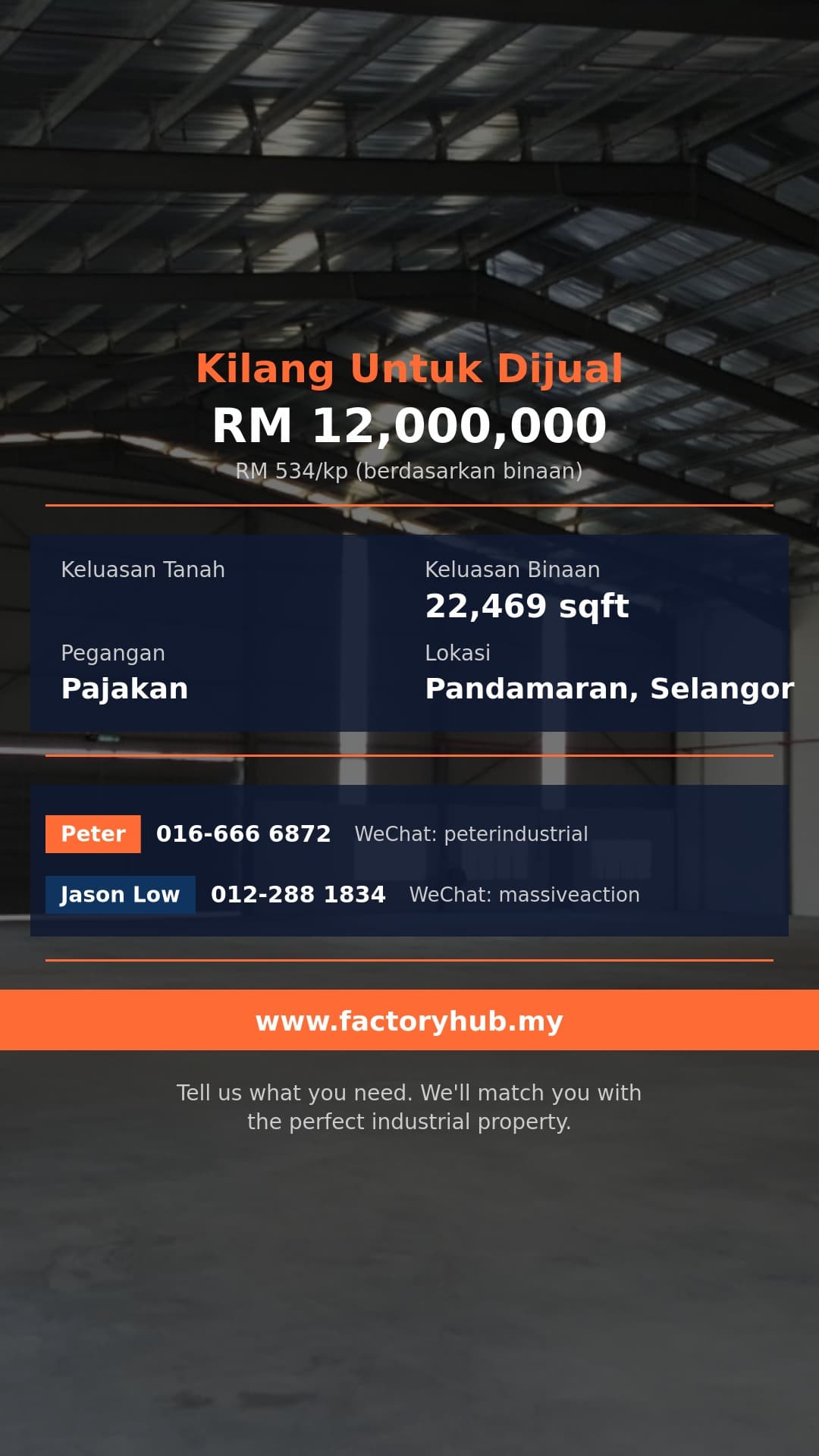 Kilang Untuk Dijual - RM12J Gudang untuk Dijual di Pandamaran – 22469kp - Pandamaran, Selangor