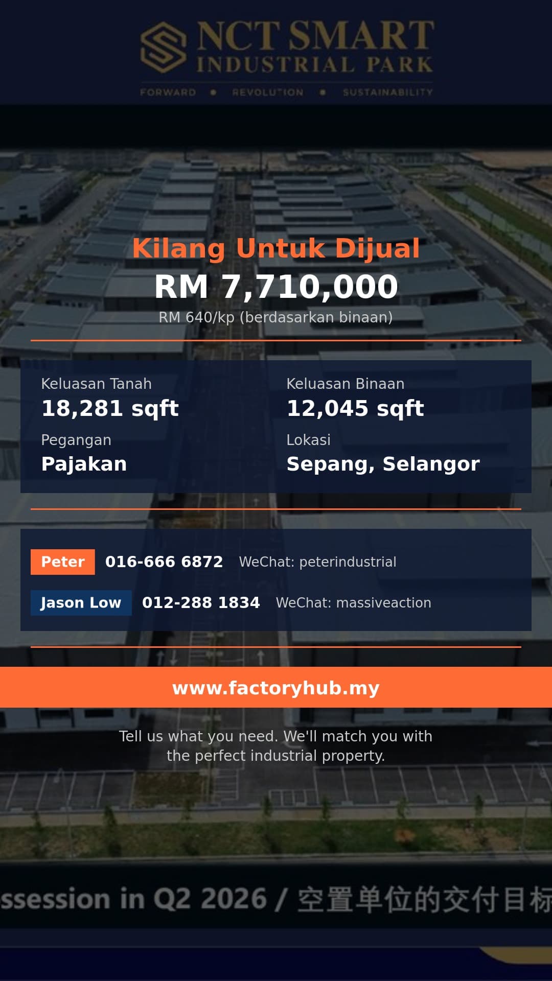 Kilang Untuk Dijual - Kilang Semi-D 2 Tingkat (Type A2A I1) untuk Dijual di Sepang — NCT Smart Industrial Park - Sepang, Selangor