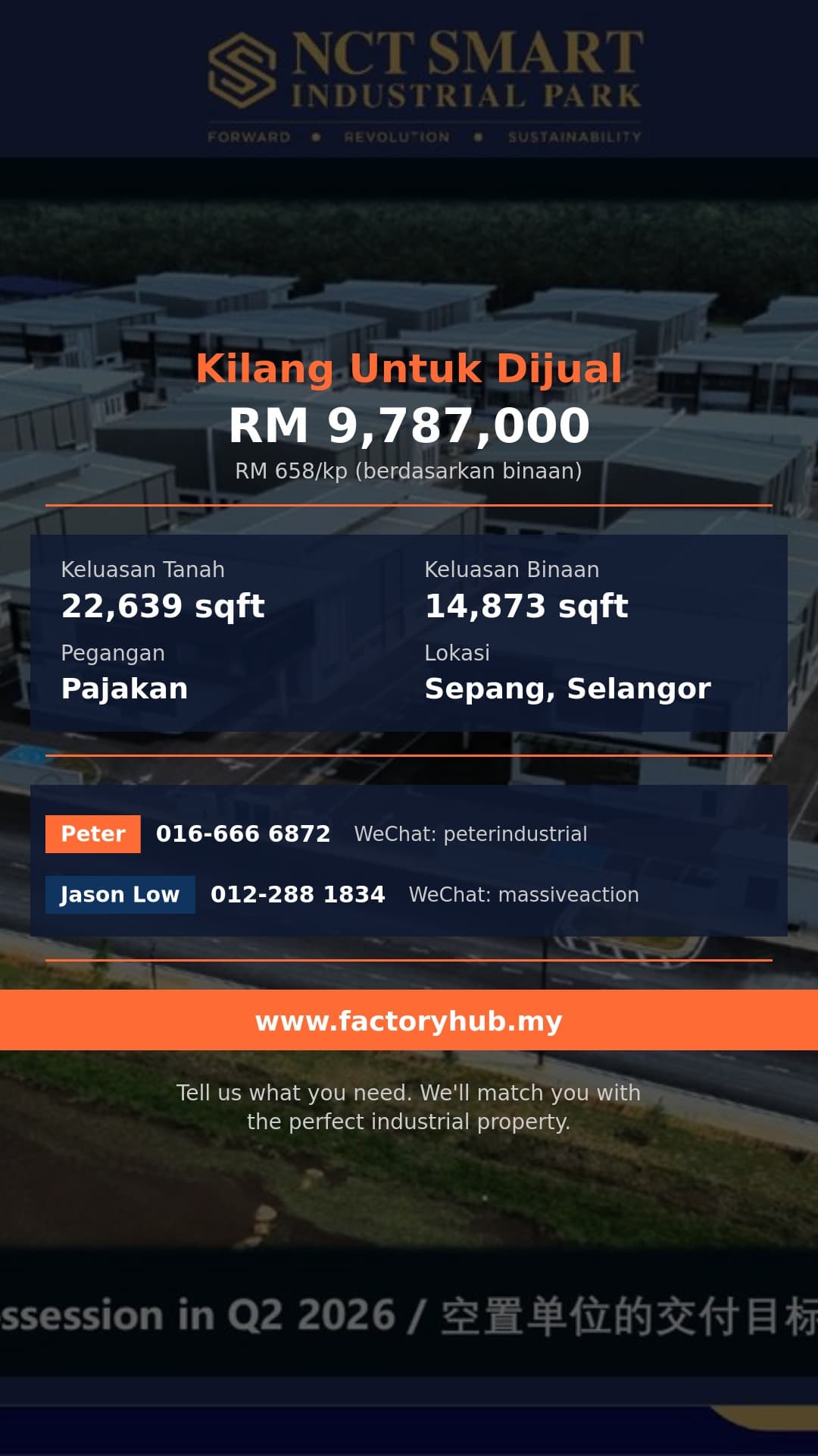 Kilang Untuk Dijual - Kilang Semi-D 2 Tingkat Unit Penjuru (Type A2A C1) untuk Dijual di Sepang — NCT Smart Industrial Park - Sepang, Selangor