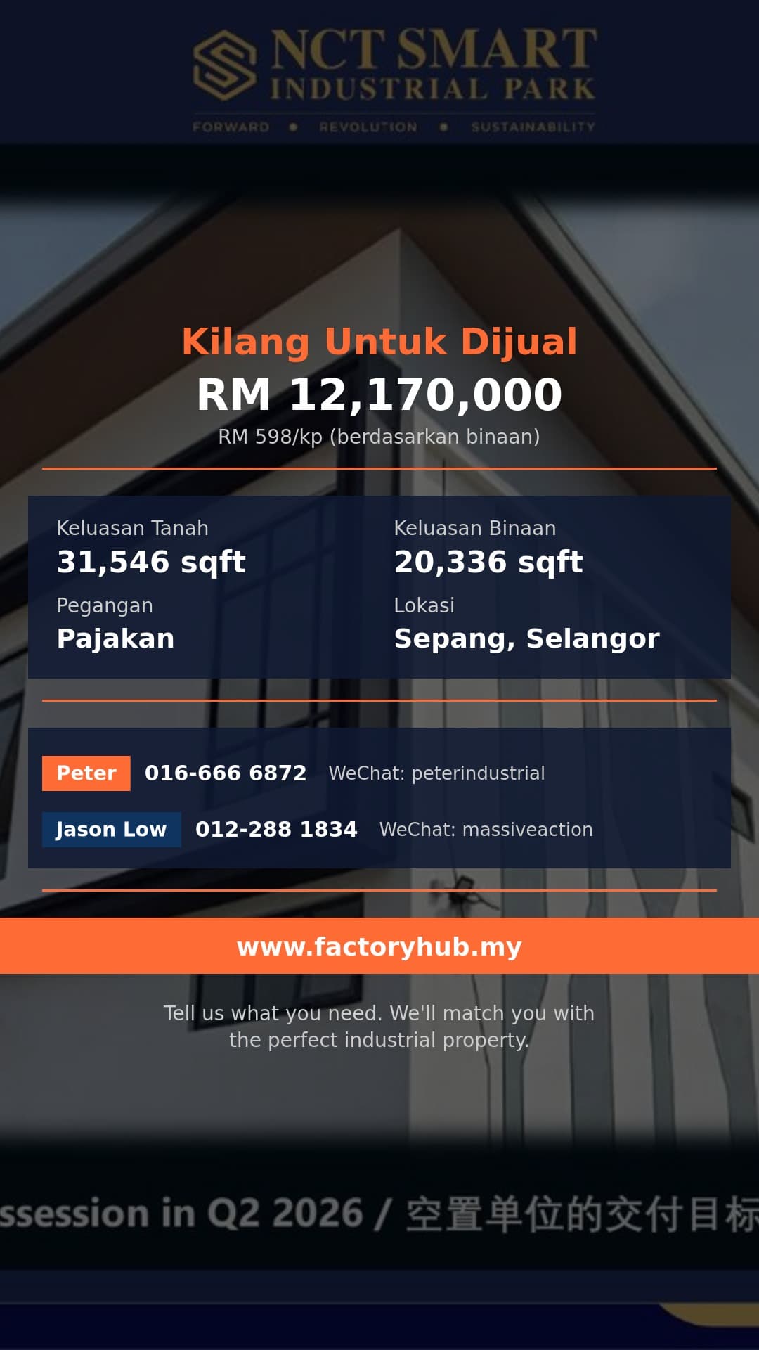 Kilang Untuk Dijual - Kilang Berkembar (Type A5) untuk Dijual di Sepang — NCT Smart Industrial Park - Sepang, Selangor
