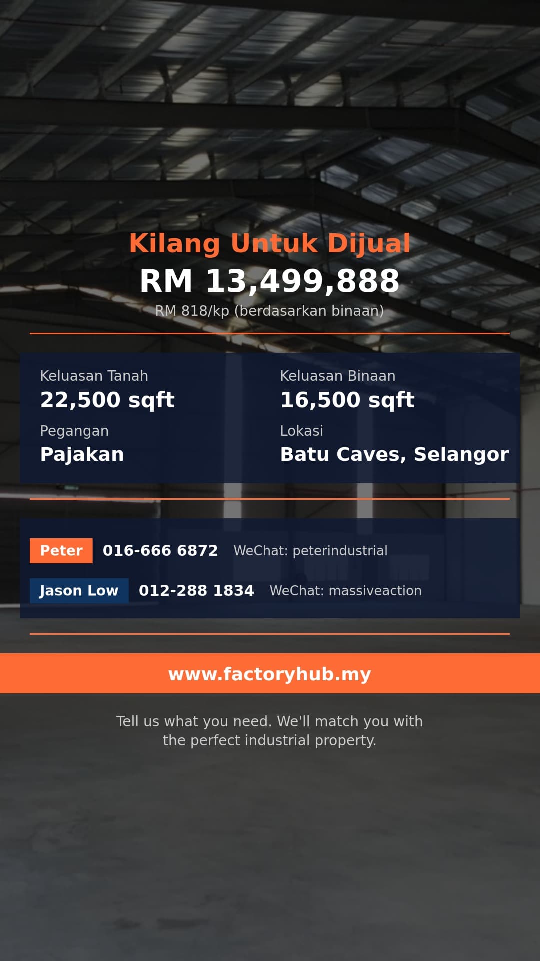 Kilang Untuk Dijual - Kilang Sesebuah Dijual di Kwsn Perusahaan Batu Caves, Batu Caves - Batu Caves, Selangor