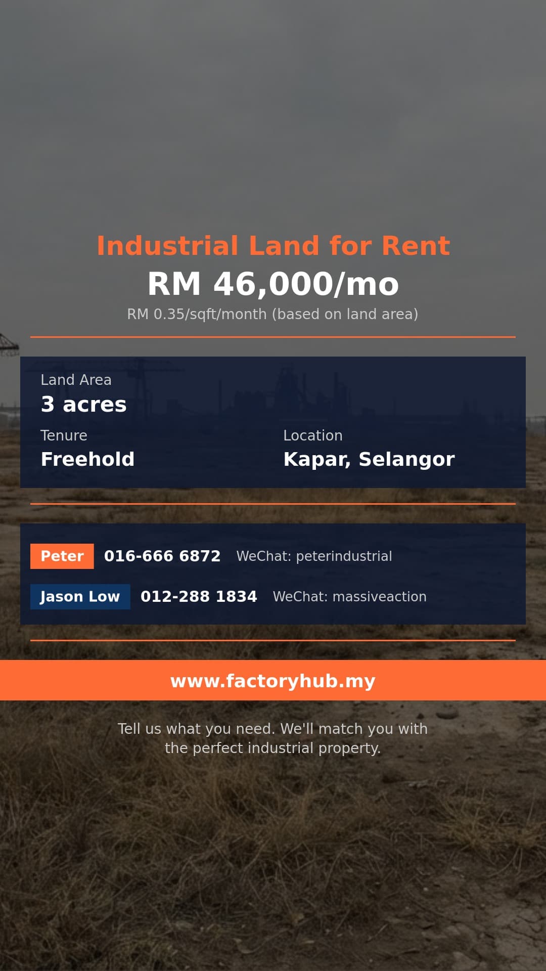 Land For Rent - Industrial Land for Rent in Kapar, Meru – RM46K/mo 130680sf - Kapar, Selangor