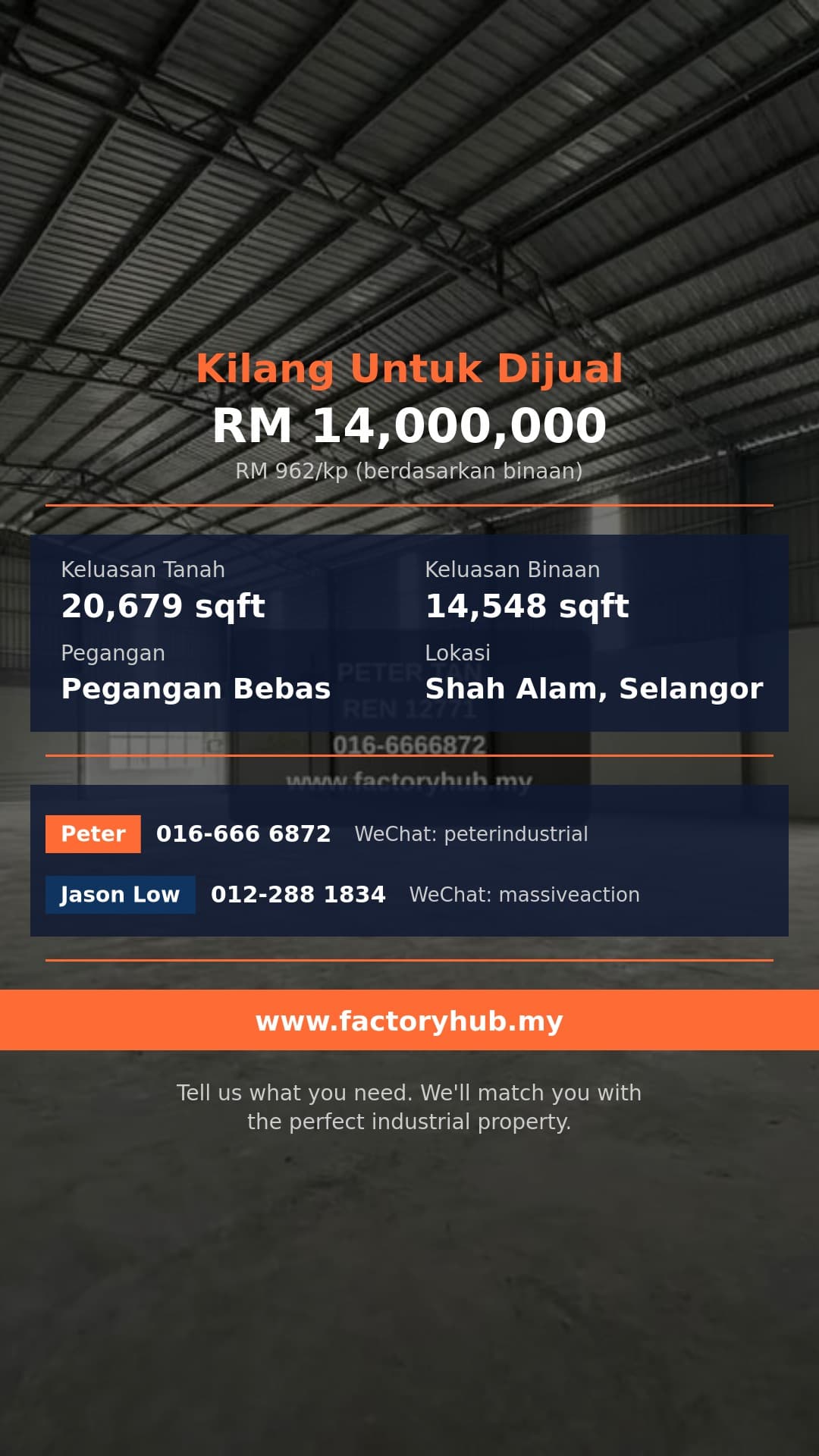 Kilang Untuk Dijual - RM14J Pegangan Bebas Kilang Sesebuah Kren Dijual di Seksyen 33 - Shah Alam, Selangor