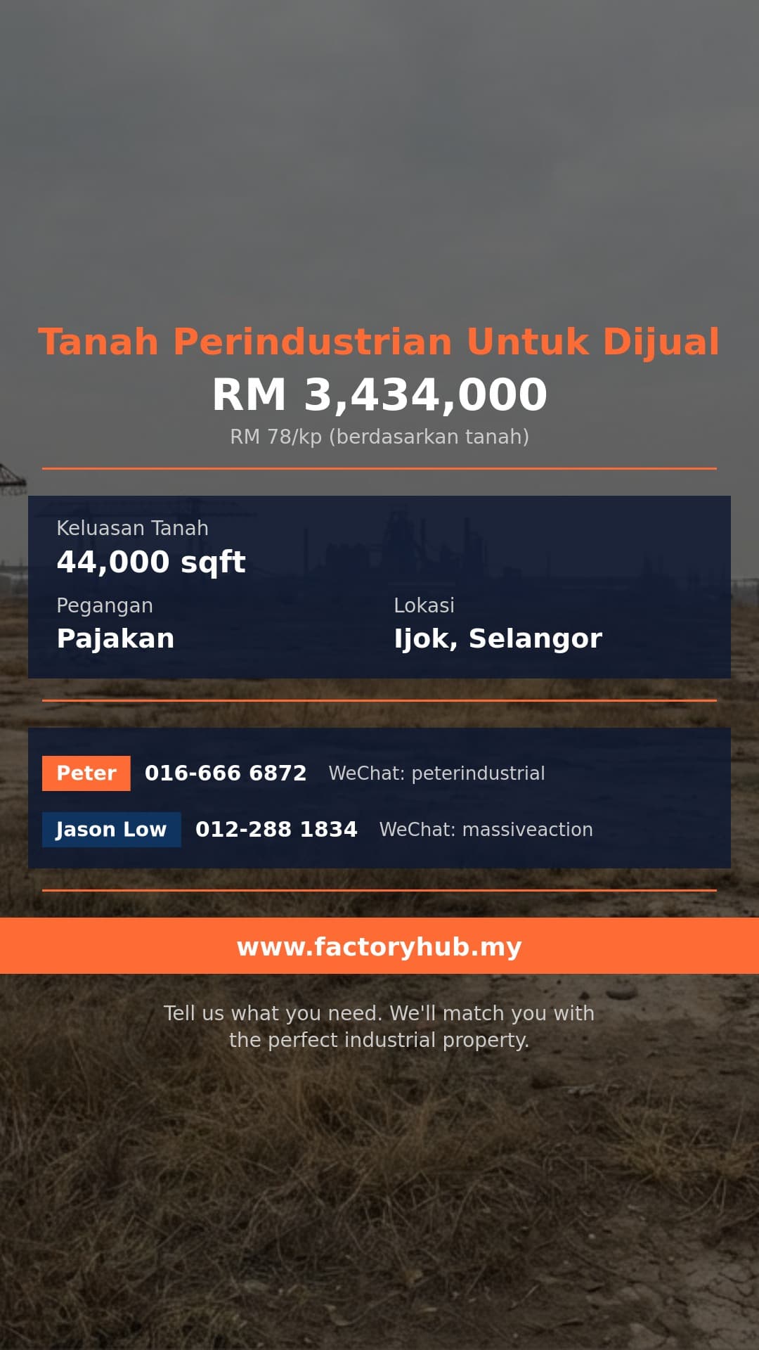 Tanah Untuk Dijual - Tanah Perindustrian Kota Puteri untuk Dijual – RM3.43J 44000kp - Ijok, Selangor
