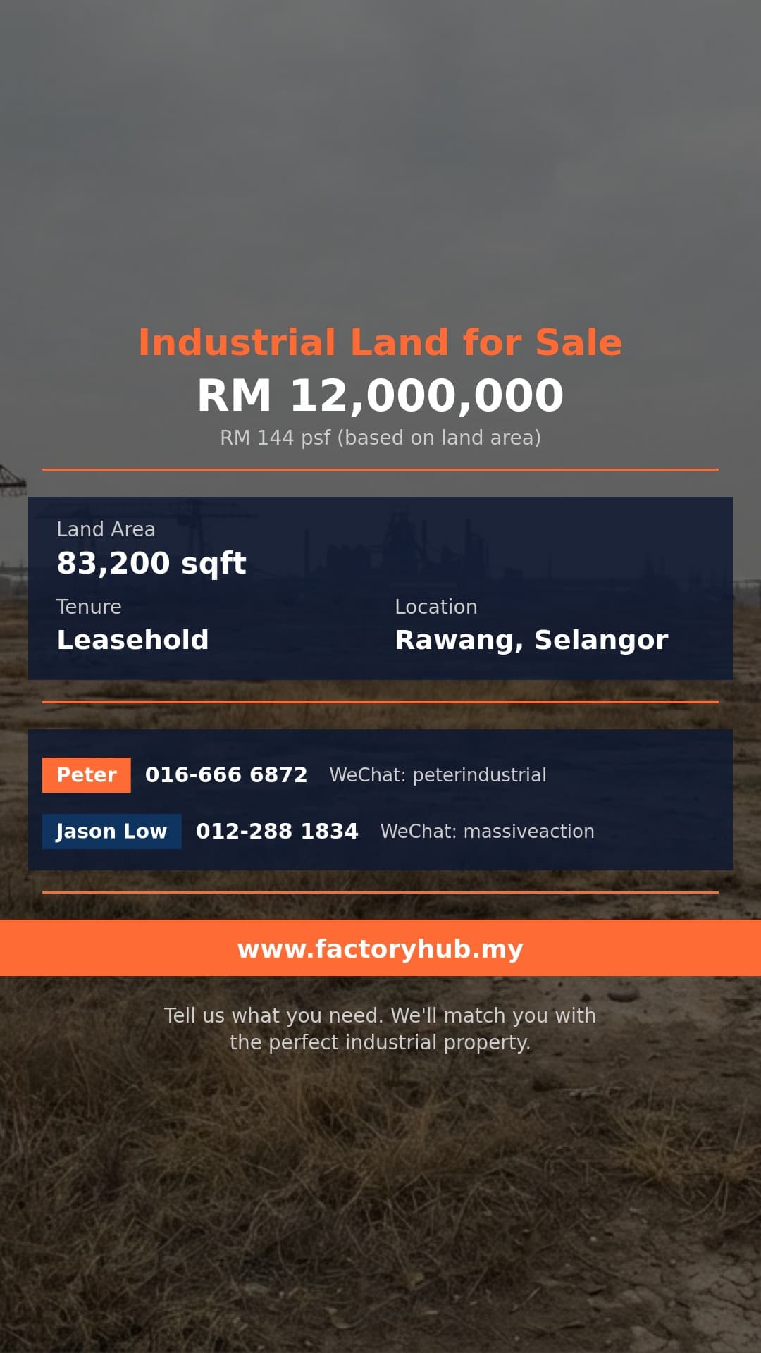 Land For Sale - Industrial Land for Sale in Bukit Rawang Jaya – RM12M 83200sf - Rawang, Selangor