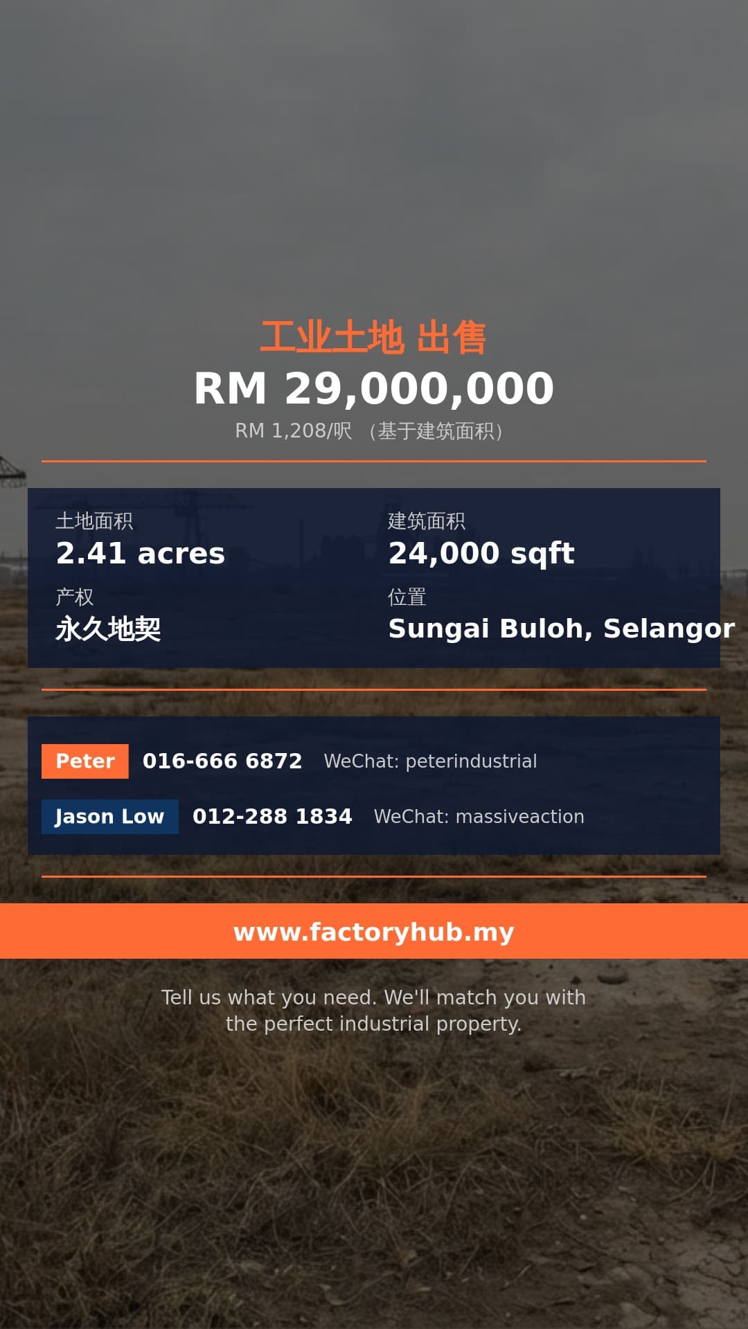 土地 出售 - 双溪毛糯永久地契工业地皮带仓库出售 – RM2900万 105000呎 - Sungai Buloh, Selangor