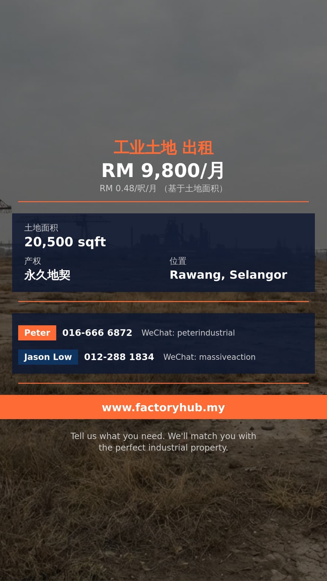 土地 出租 - Bukit Rawang Jaya工业地皮出租 – RM9.8K/月 20500呎 - Rawang, Selangor