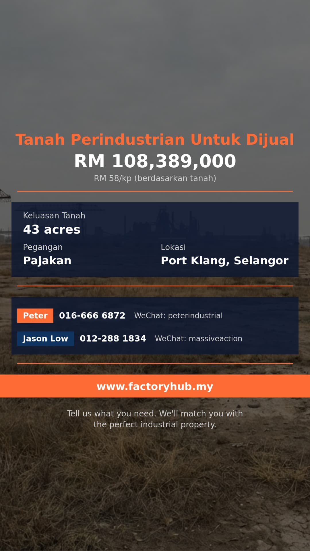Tanah Untuk Dijual - Tanah Perindustrian 43 Ekar untuk Dijual di Taman Perindustrian Pulau Indah, Pelabuhan Klang - Port Klang, Selangor