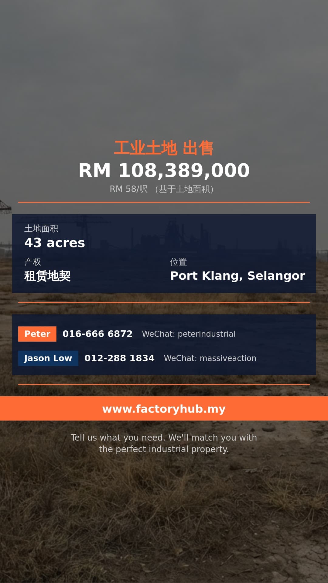 土地 出售 - 巴生港口Pulau Indah工业园43英亩工业地出售 - Port Klang, Selangor