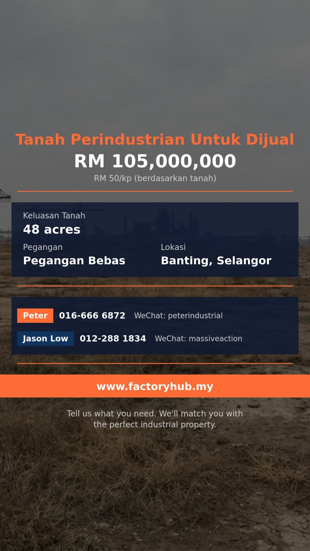 Tanah Untuk Dijual - Pegangan Bebas Tanah Perindustrian Untuk Dijual di Banting, Selangor - Banting, Selangor