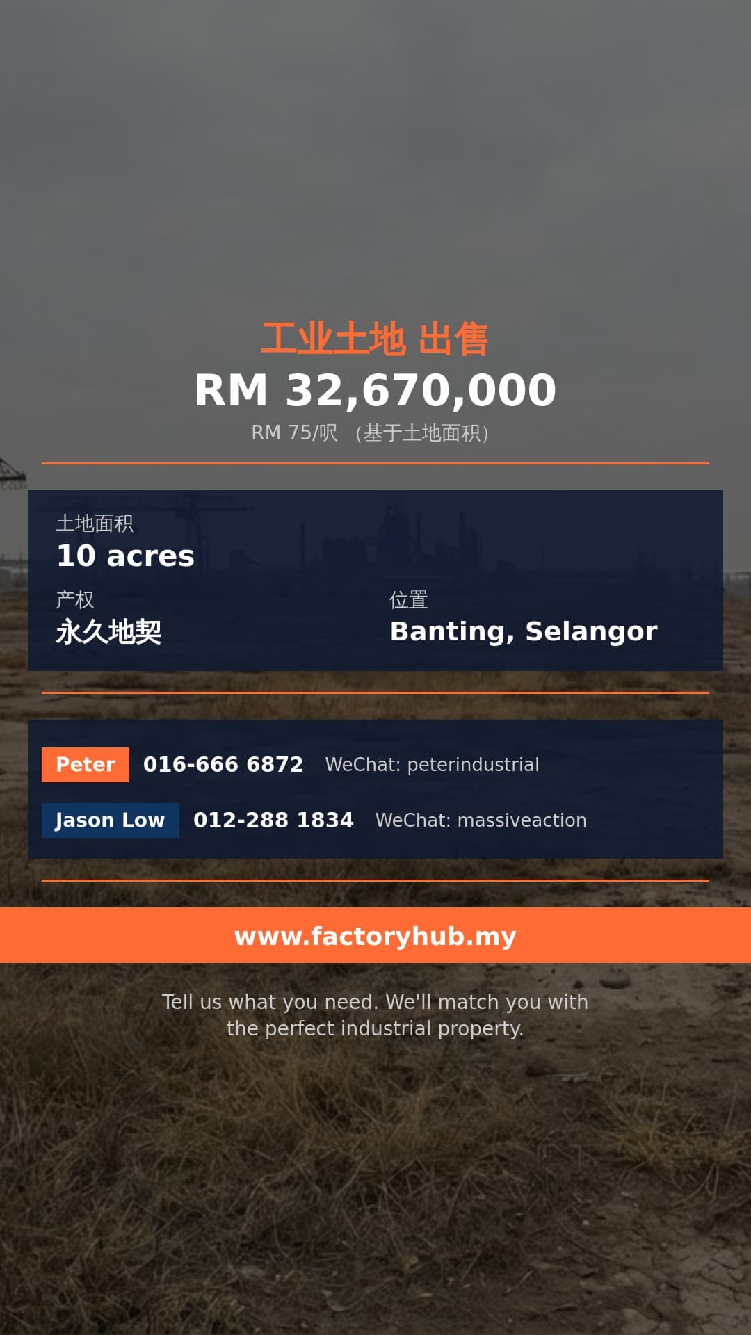 土地 出售 - 永久地契士毛月10英亩工业地出售 - Banting, Selangor