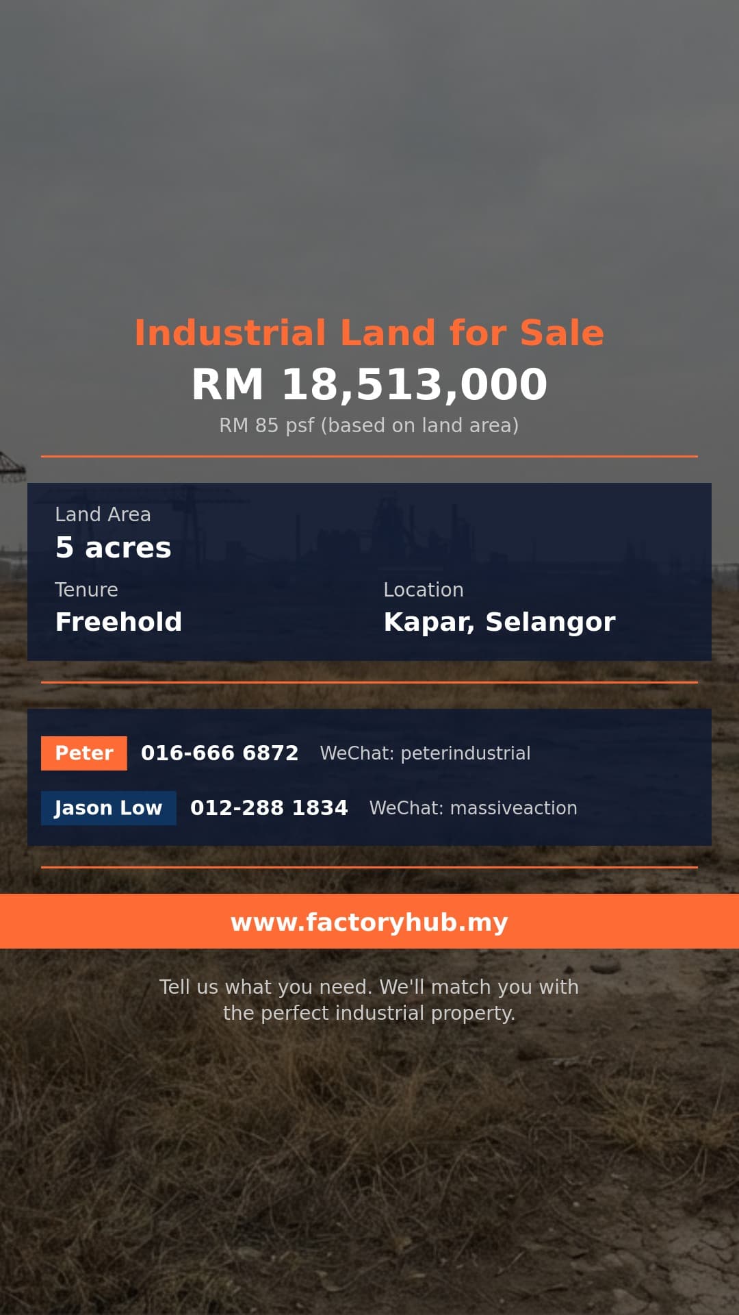 Land For Sale - RM18.51M Freehold Industrial Land for Sale in Kapar – 5 acres - Kapar, Selangor