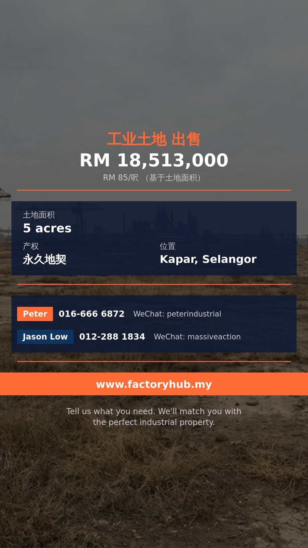 土地 出售 - RM1885万雪兰莪Kapar永久地契工业地出售 – 5英亩 - Kapar, Selangor