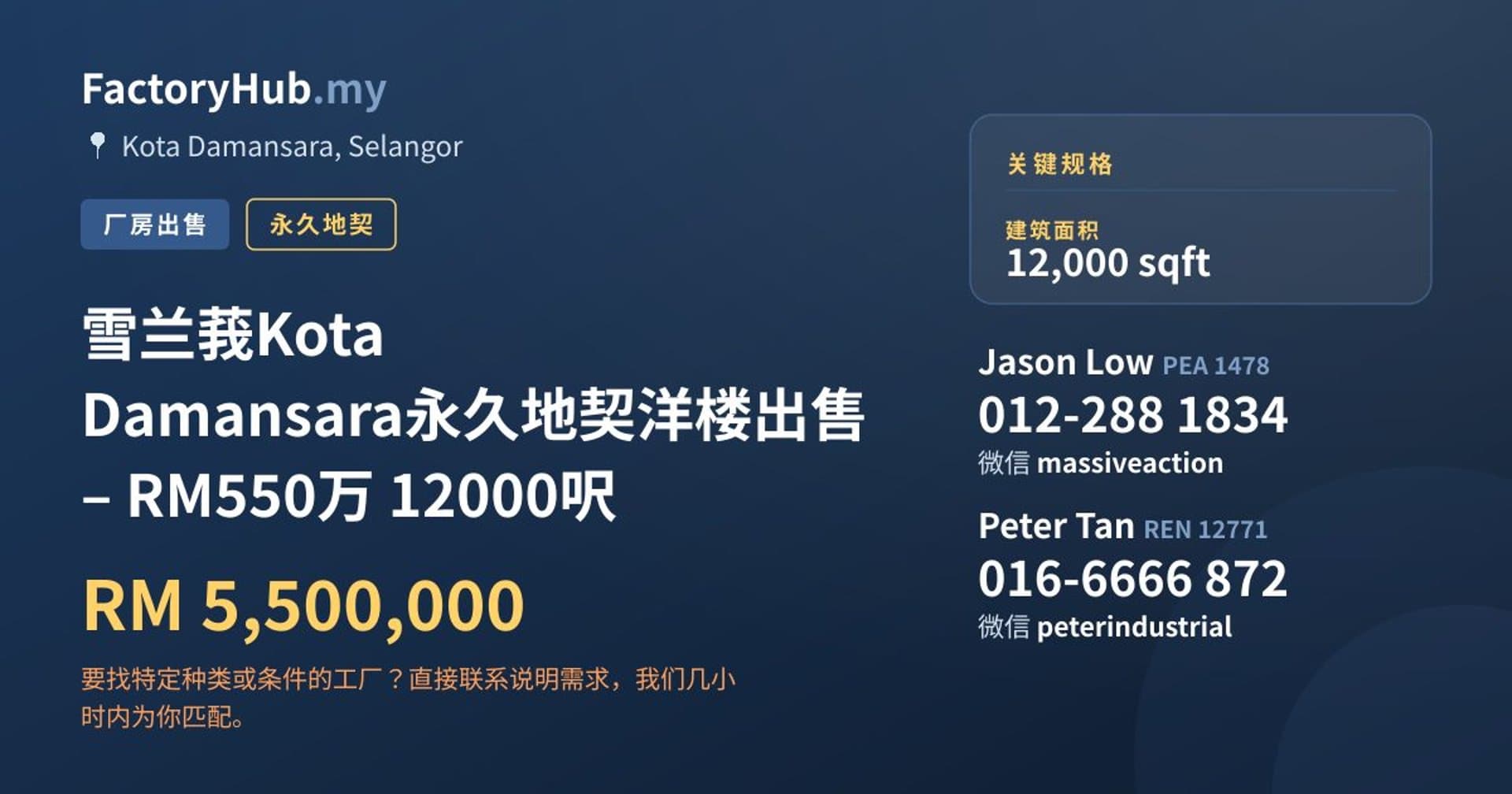 雪兰莪Kota Damansara永久地契洋楼出售 – RM550万 12000呎 · 房源图片 1/6