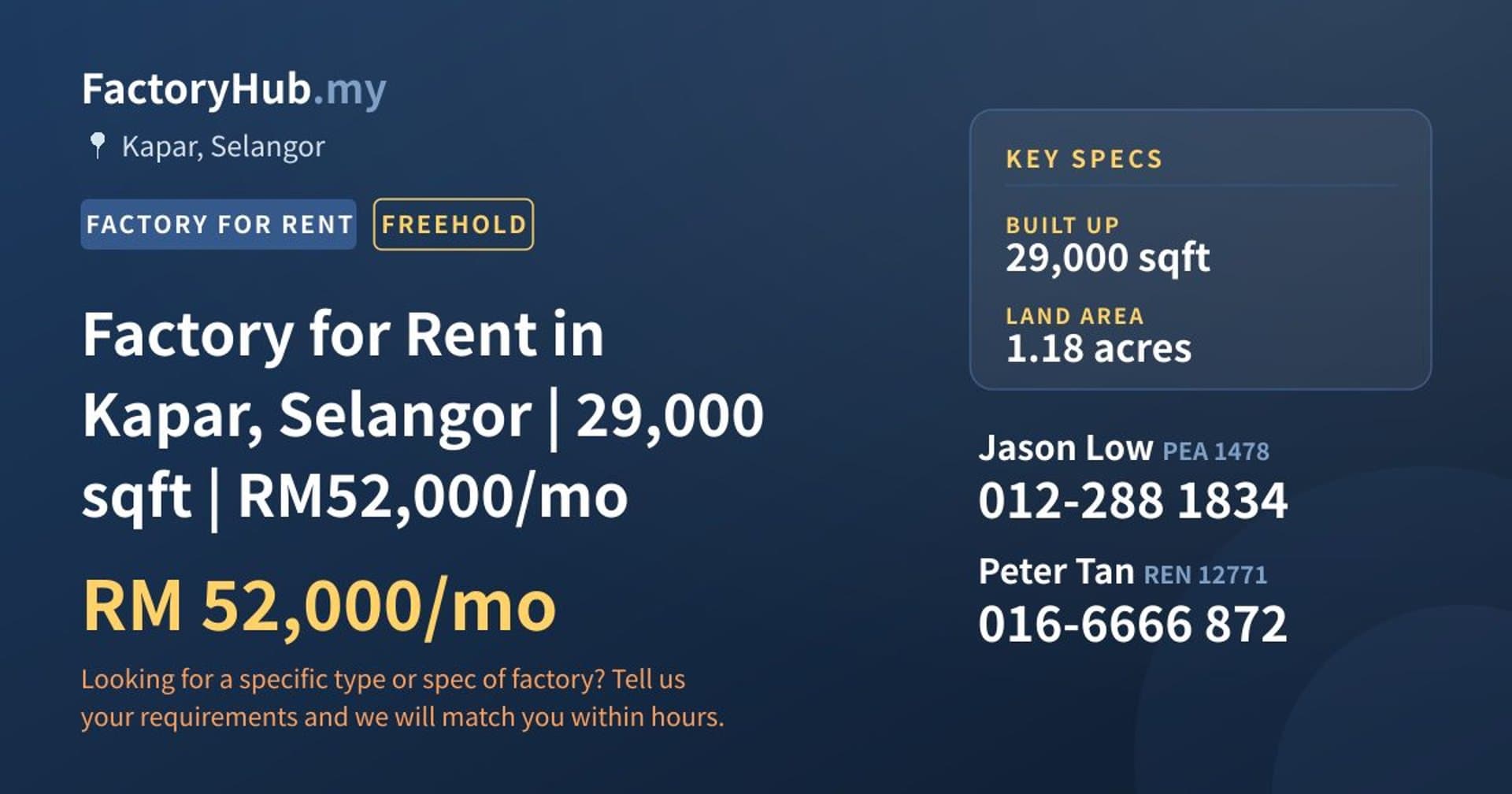 Factory for Rent in Kapar, Selangor | 29,000 sqft | RM52,000/mo - Property image 1 of 2