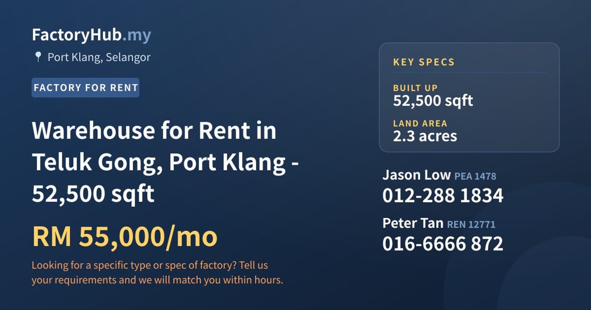 Warehouse for Rent in Teluk Gong, Port Klang - 52,500 sqft - Property image 1 of 2