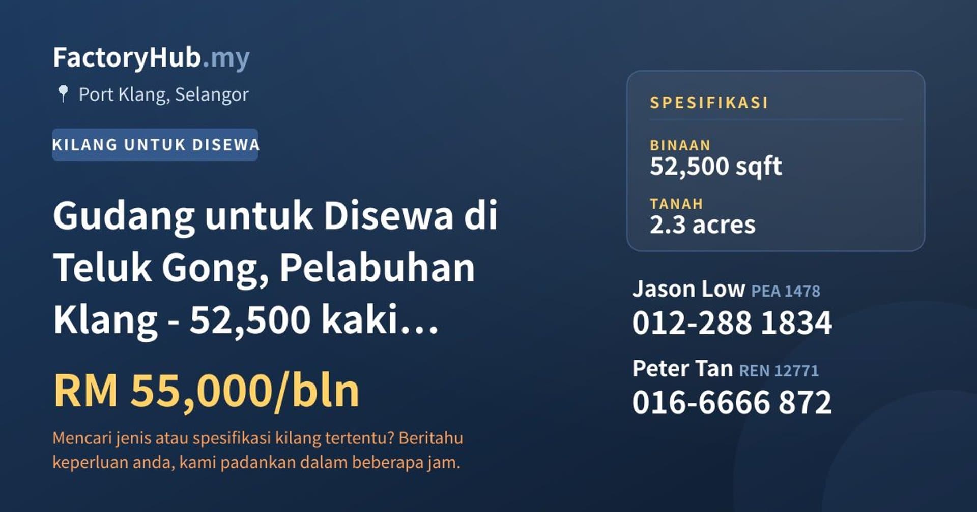 Gudang untuk Disewa di Teluk Gong, Pelabuhan Klang - 52,500 kaki persegi · Imej hartanah 1/2