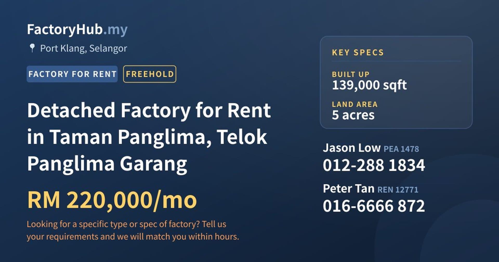 Detached Factory for Rent in Taman Panglima, Telok Panglima Garang - Property image 1 of 2