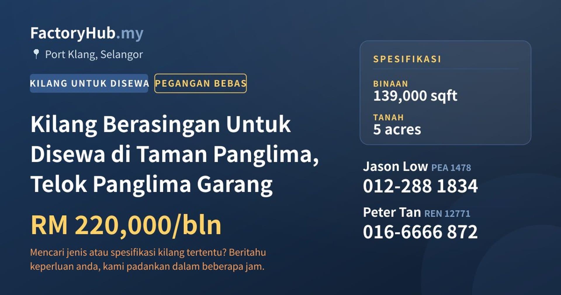 Kilang Berasingan Untuk Disewa di Taman Panglima, Telok Panglima Garang · Imej hartanah 1/2
