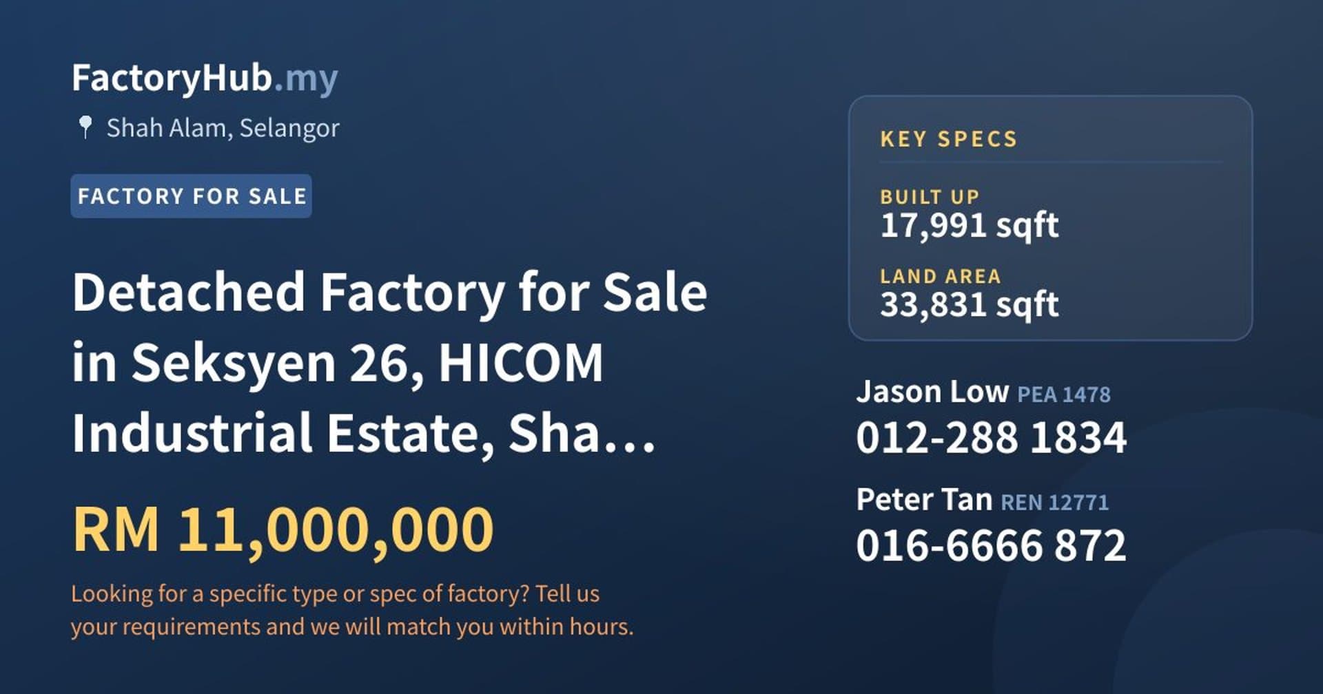 Detached Factory for Sale in Seksyen 26, HICOM Industrial Estate, Shah Alam - Property image 1 of 2
