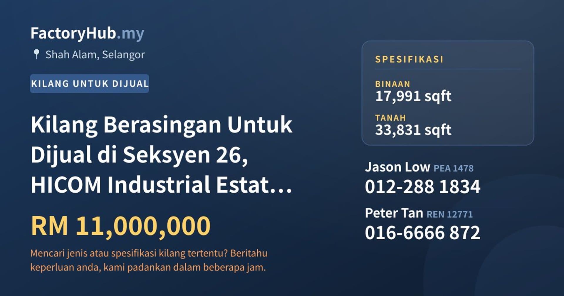 Kilang Berasingan Untuk Dijual di Seksyen 26, HICOM Industrial Estate, Shah Alam · Imej hartanah 1/2