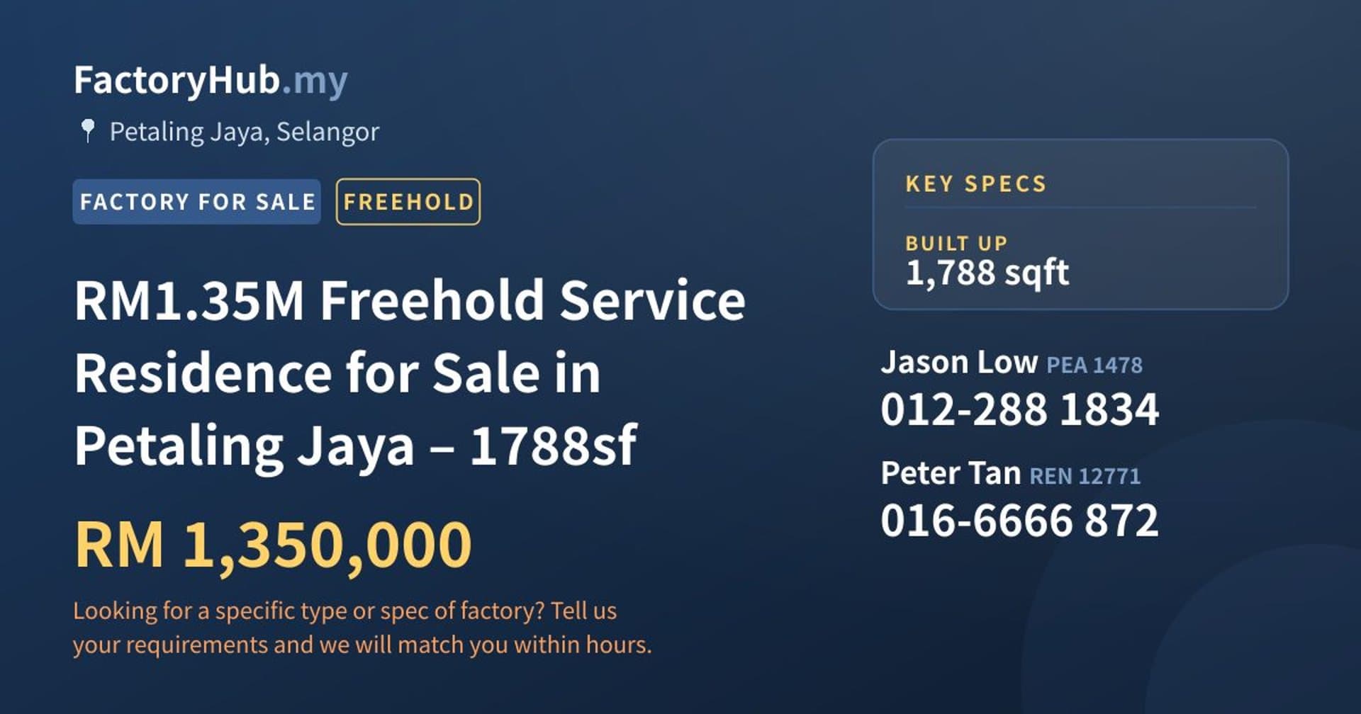 RM1.35M Freehold Service Residence for Sale in Petaling Jaya – 1788sf - Property image 1 of 7