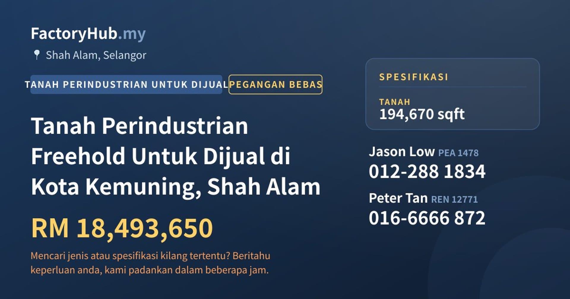 Tanah Perindustrian Freehold Untuk Dijual di Kota Kemuning, Shah Alam · Imej hartanah 1/2