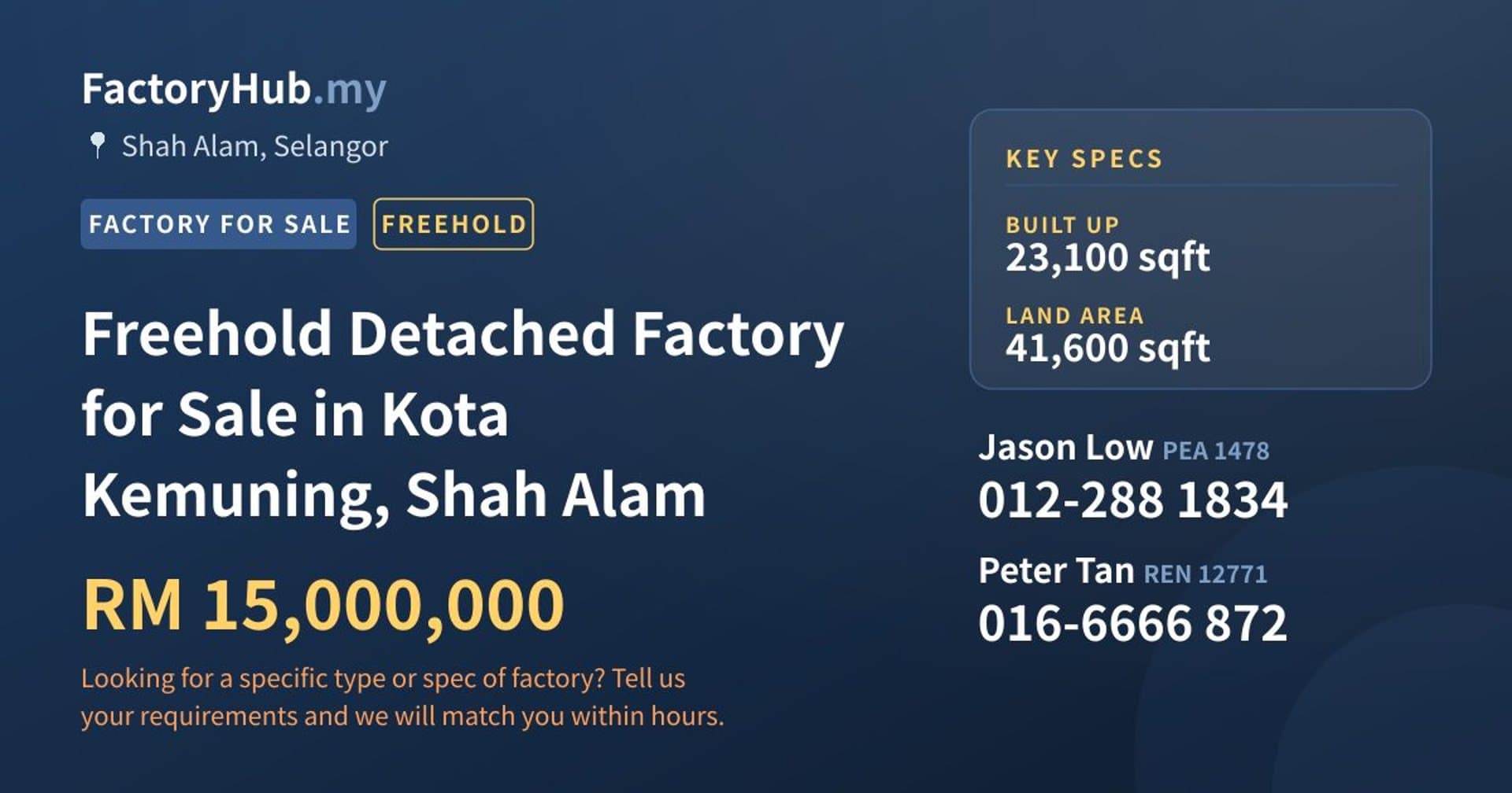 Freehold Detached Factory for Sale in Kota Kemuning, Shah Alam - Property image 1 of 2