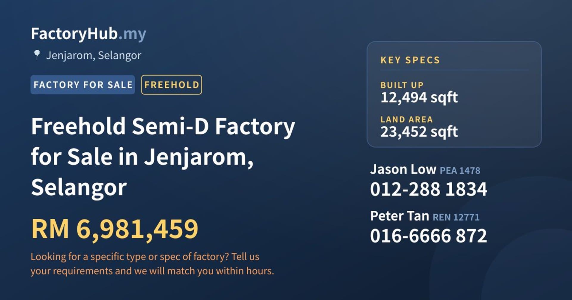 Freehold Semi-D Factory for Sale in Jenjarom, Selangor - Property image 1 of 2