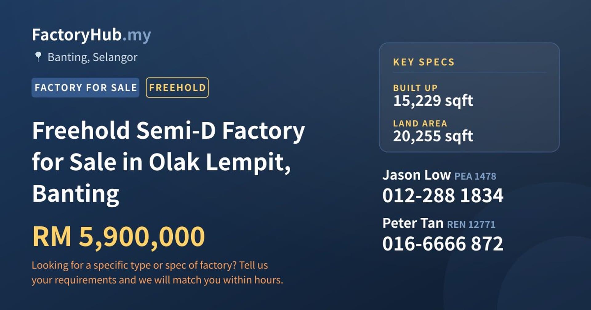 Freehold Semi-D Factory for Sale in Olak Lempit, Banting - Property image 1 of 2