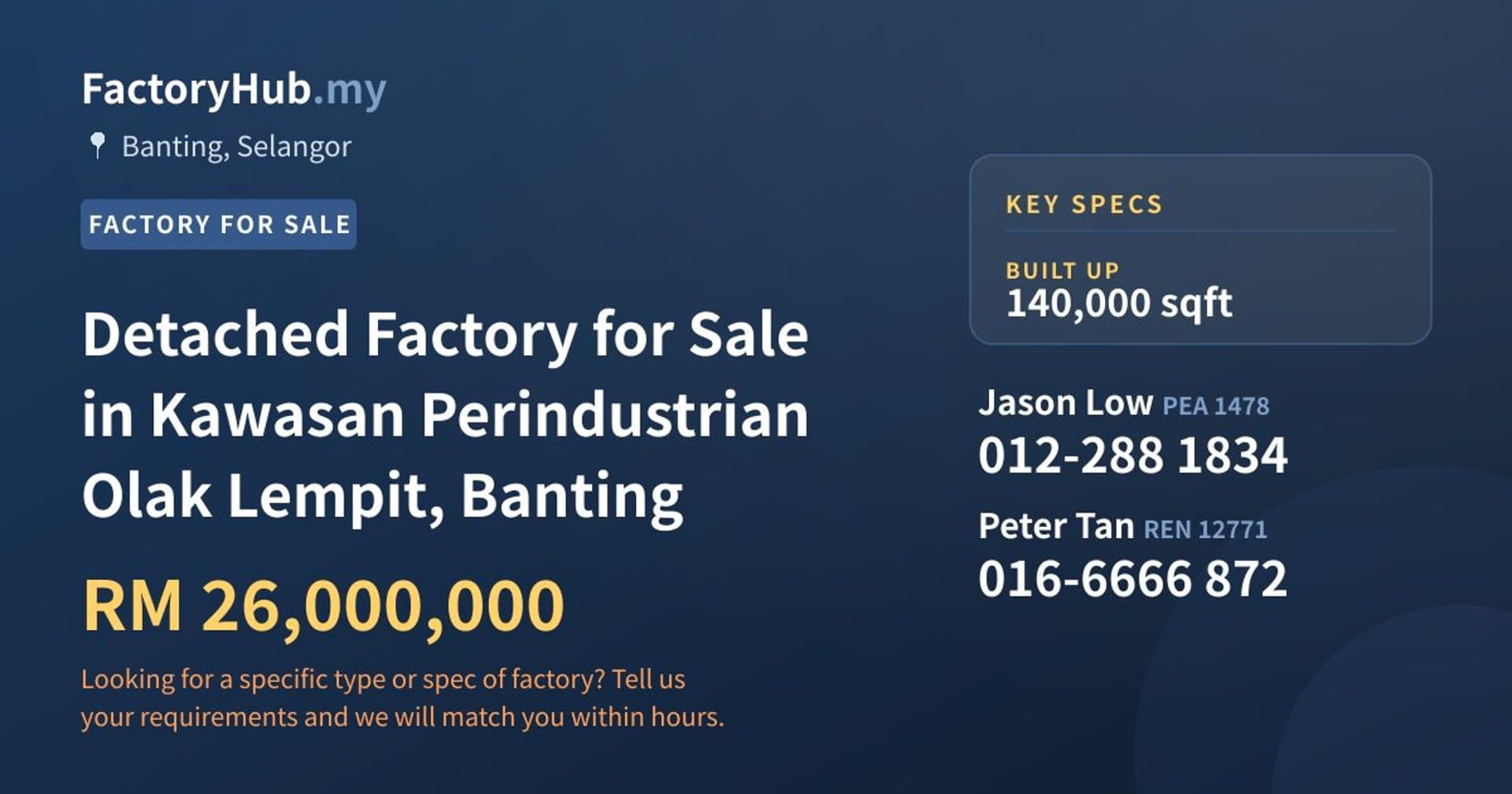 Detached Factory for Sale in Kawasan Perindustrian Olak Lempit, Banting - Property image 1 of 2