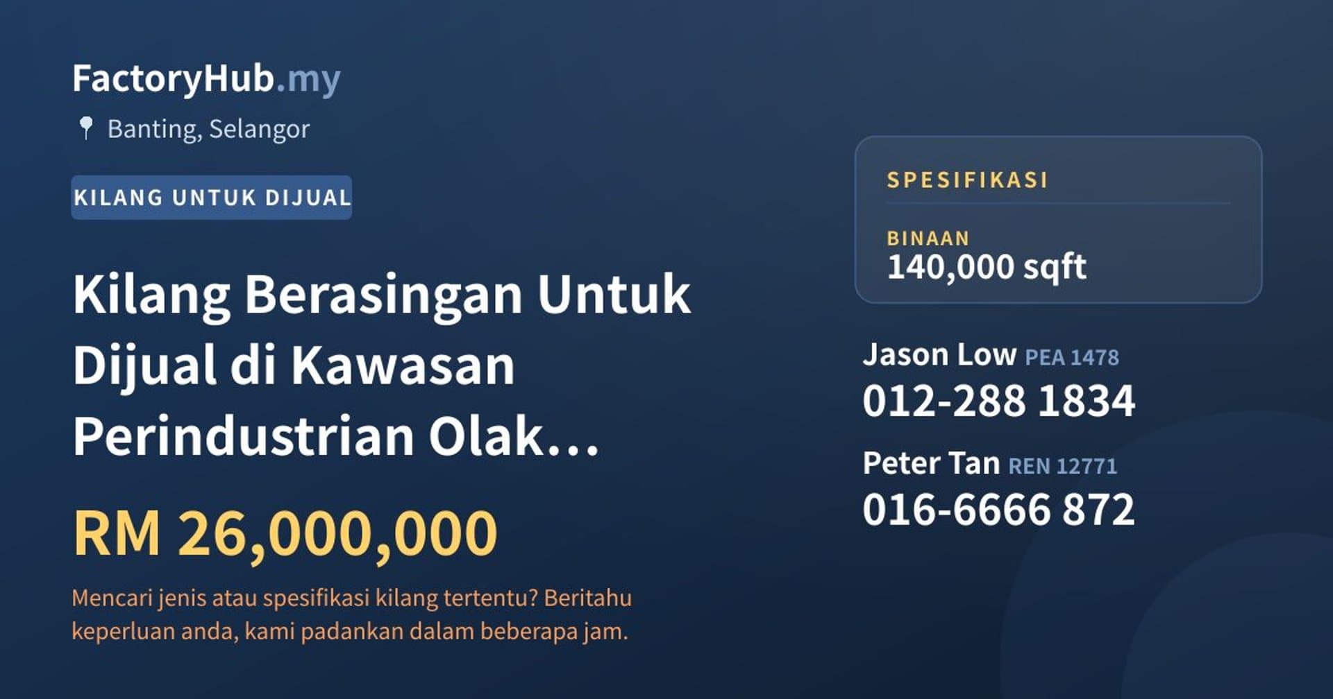 Kilang Berasingan Untuk Dijual di Kawasan Perindustrian Olak Lempit, Banting · Imej hartanah 1/2
