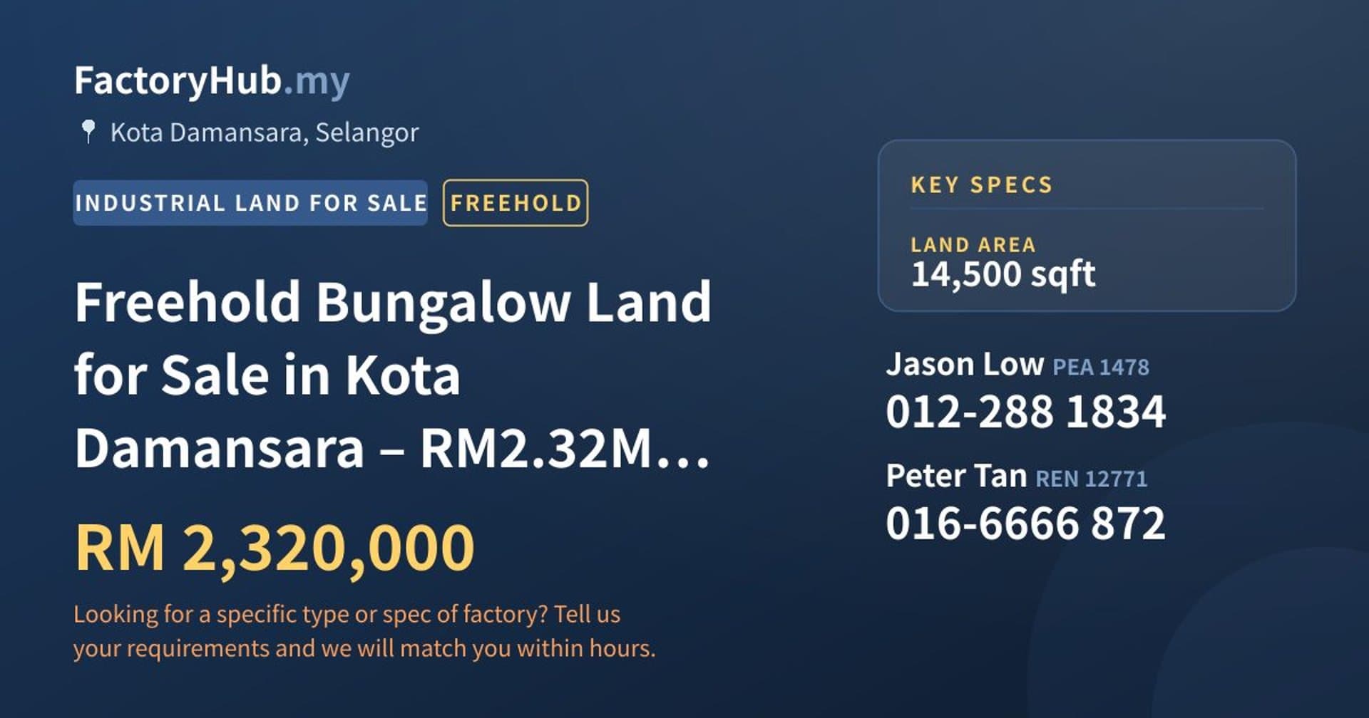 Freehold Bungalow Land for Sale in Kota Damansara – RM2.32M 14500sf - Property image 1 of 5