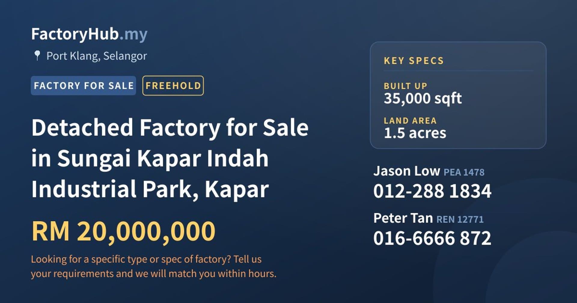 Detached Factory for Sale in Sungai Kapar Indah Industrial Park, Kapar - Property image 1 of 2
