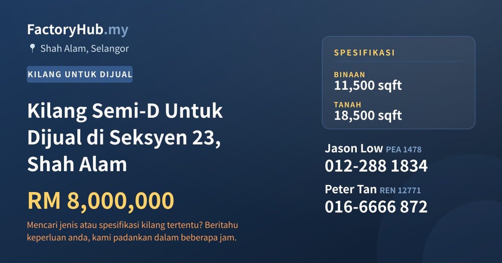 Kilang Semi-D Untuk Dijual di Seksyen 23, Shah Alam · Imej hartanah 1/2