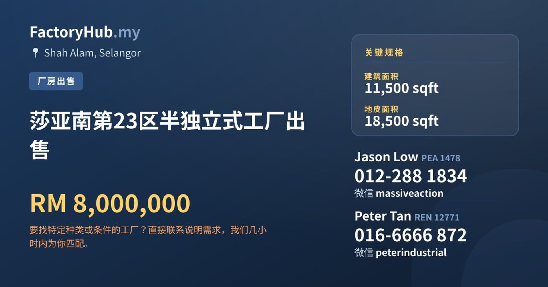 莎亚南第23区半独立式工厂出售 · 房源图片 1/2