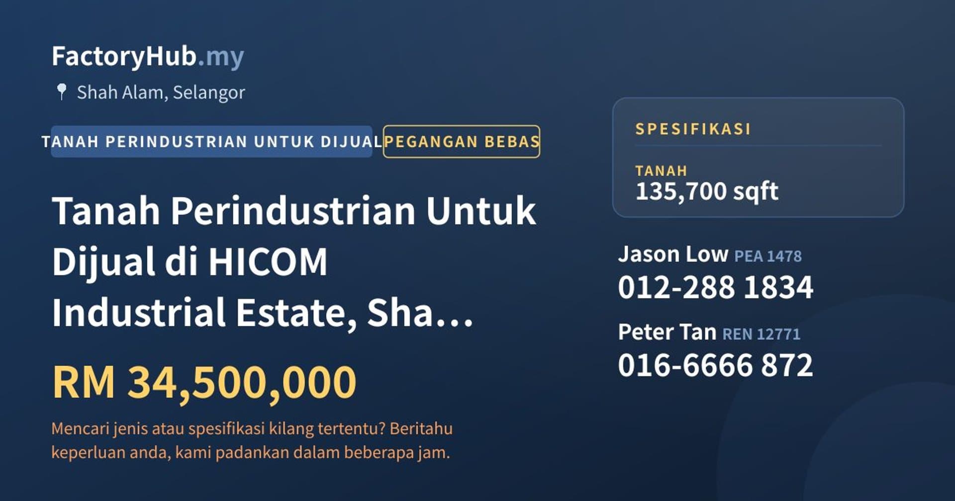 Tanah Perindustrian Untuk Dijual di HICOM Industrial Estate, Shah Alam · Imej hartanah 1/2