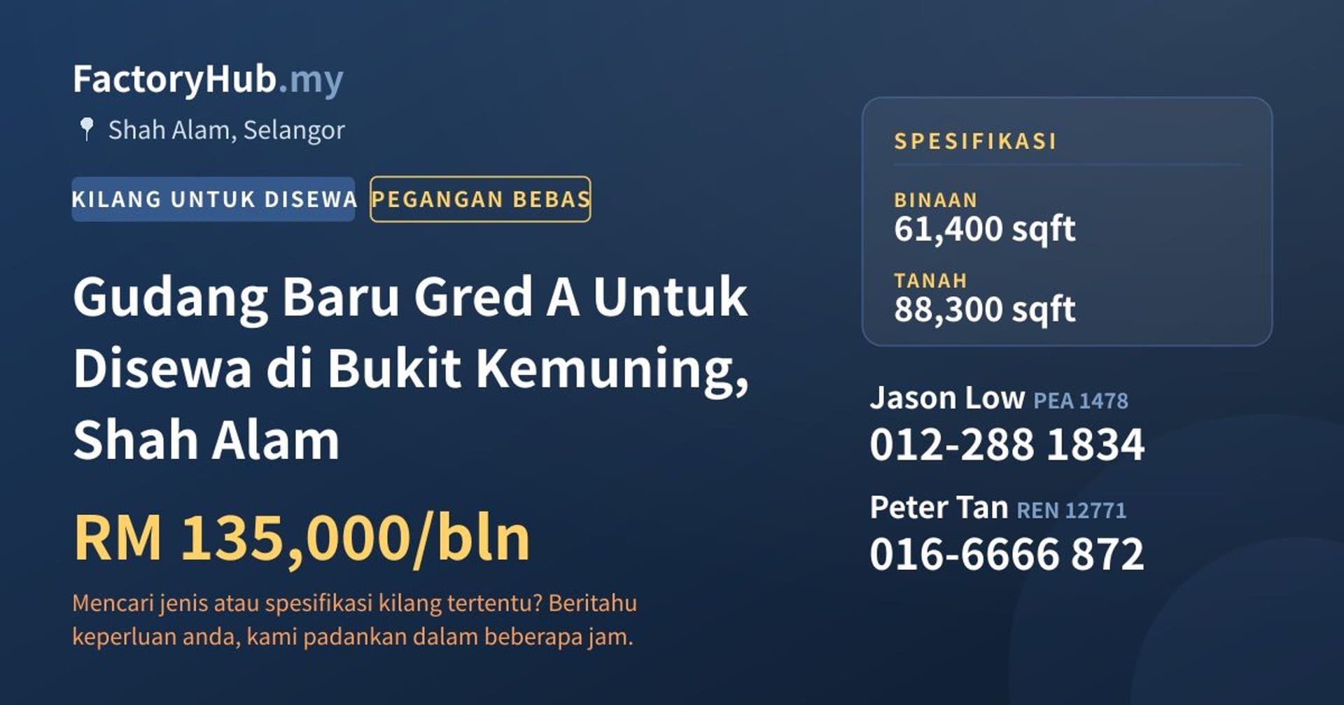Gudang Baru Gred A Untuk Disewa di Bukit Kemuning, Shah Alam · Imej hartanah 1/2