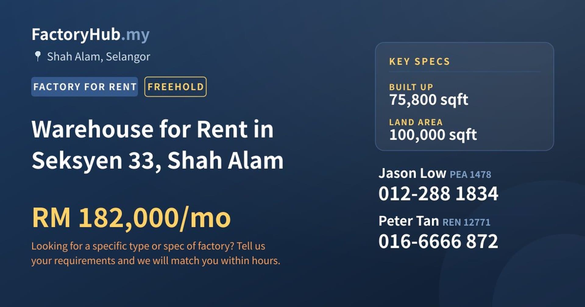 Warehouse for Rent in Seksyen 33, Shah Alam - Property image 1 of 2