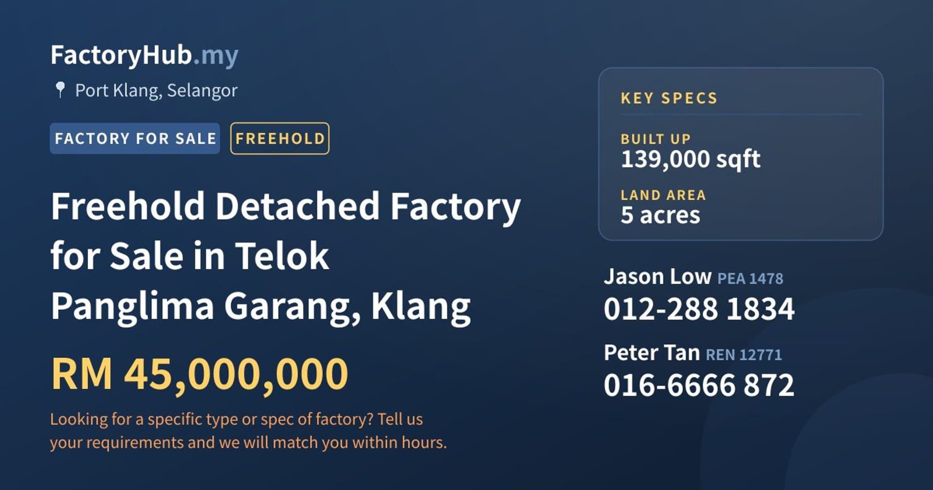 Freehold Detached Factory for Sale in Telok Panglima Garang, Klang - Property image 1 of 2