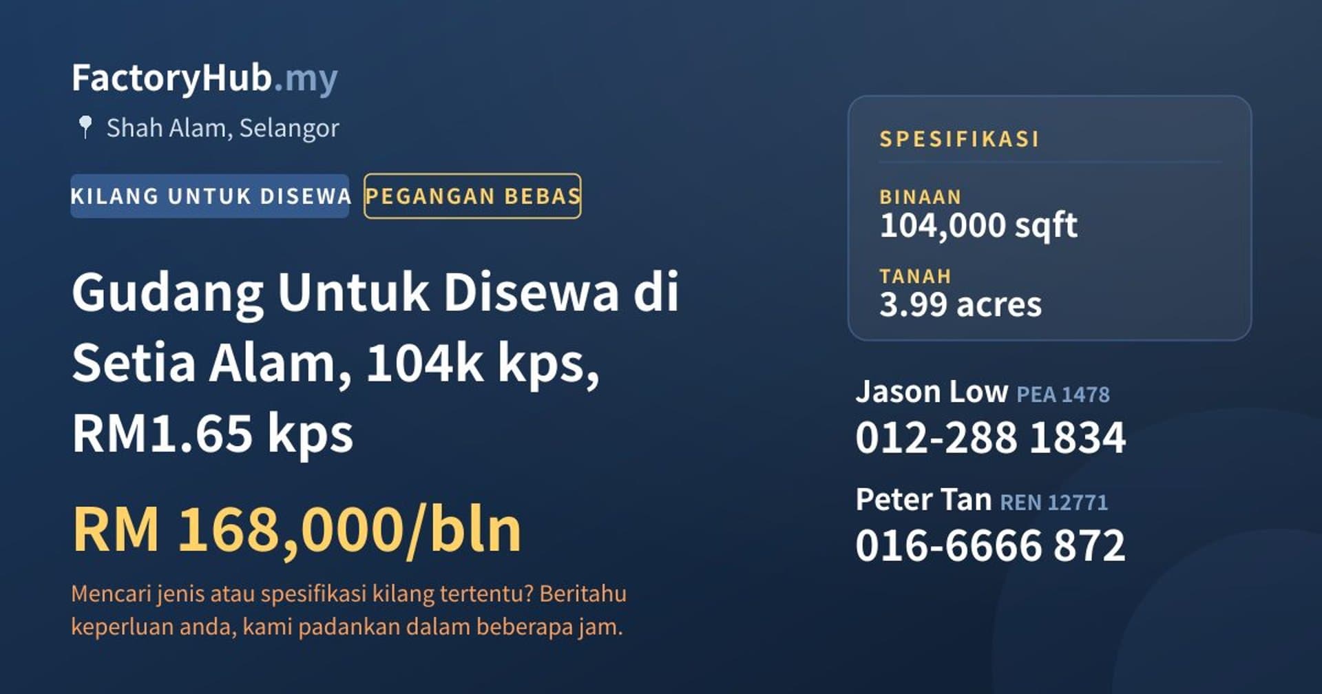 Gudang Untuk Disewa di Setia Alam, 104k kps, RM1.65 kps · Imej hartanah 1/2