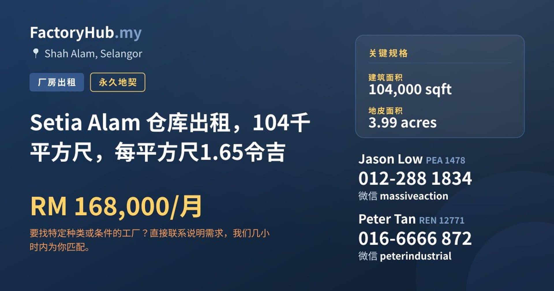 Setia Alam 仓库出租，104千平方尺，每平方尺1.65令吉 · 房源图片 1/2