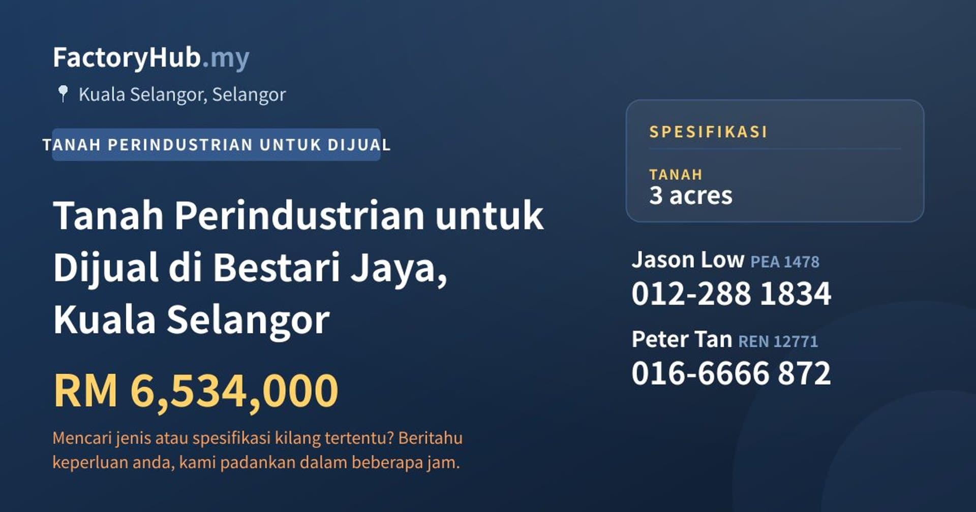 Tanah Perindustrian untuk Dijual di Bestari Jaya, Kuala Selangor · Imej hartanah 1/2