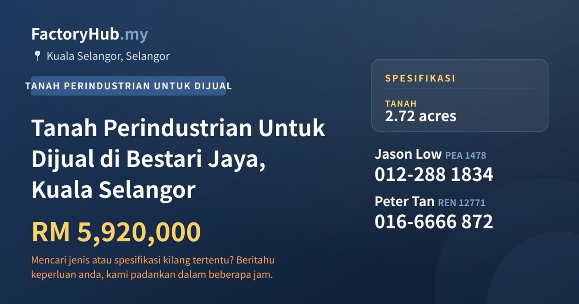 Tanah Perindustrian Untuk Dijual di Bestari Jaya, Kuala Selangor · Imej hartanah 1/2
