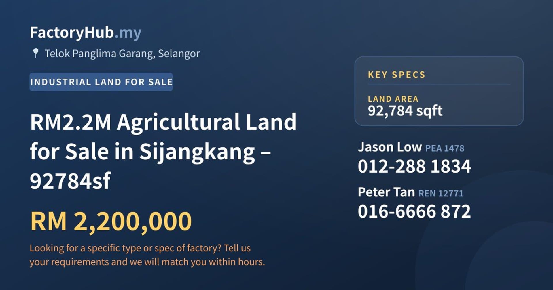 RM2.2M Agricultural Land for Sale in Sijangkang – 92784sf - Property image 1 of 3